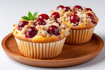 Delicious cherry muffins resting on a wooden plate are waiting to be eaten