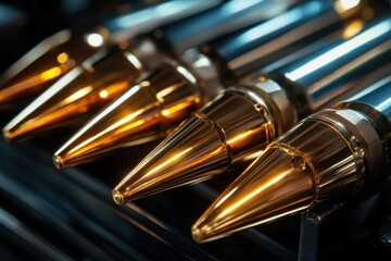 Closeup view of revolutionary gold tipped bullets showcasing advanced design and precise craftsmanship, A close-up view of revolutionary gold-tipped bullets for penetrating armored vehicles