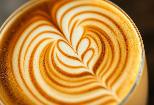 Close-up shot of swirling latte foam art with intricate details and texture, highlighting fine details and moisture.