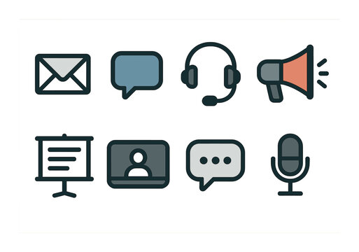 Communication essentials icons set – outline, messaging and chat symbols collection