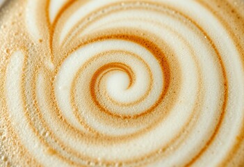 Close-up shot of a latte foam art with swirling patterns and intricate surface elements.