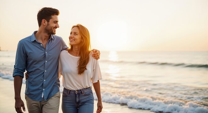 Smiling caucasian man and woman walking on beach at sunset. Happy couple enjoying summer vacation. Love relationship concept, with copy space