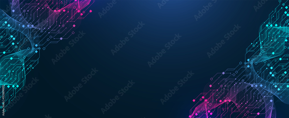 Aufkleber Artificial Intelligence or machine learning vector design. Quantum computer technology concept with circuit board and motherboard texture background design. Waves flow quantum explosion