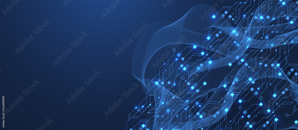 Poster Artificial Intelligence or machine learning vector design. Quantum computer technology concept with circuit board and motherboard texture background design. Waves flow quantum explosion