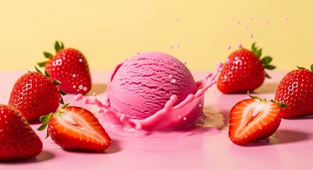 Strawberry Ice Cream with Splashing Sauce and Fresh Berries