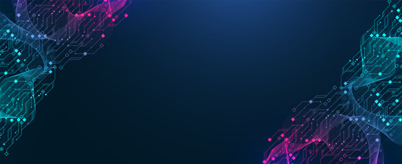Artificial Intelligence or machine learning vector design. Quantum computer technology concept with circuit board and motherboard texture background design. Waves flow quantum explosion