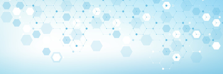 Modern health care or medical background design. Health care innovation concept. Horizontal header web banner. Abstract geometric background with hexagon shapes for medicine, science, chemistry.