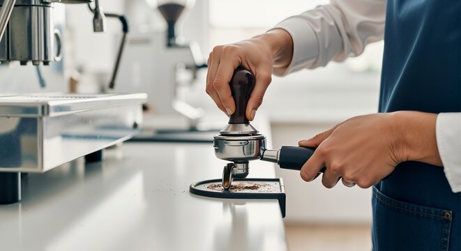 Barista tamping coffee grounds in portafilter using tamper. Coffee making process. Barista lifestyle and coffee shop concept, with copy space - Powered by Adobe