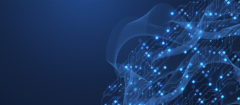 Artificial Intelligence or machine learning vector design. Quantum computer technology concept with circuit board and motherboard texture background design. Waves flow quantum explosion