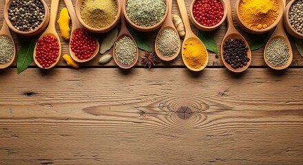 Assorted Spices and Herbs in Spoons and Bowls on Wooden Surface