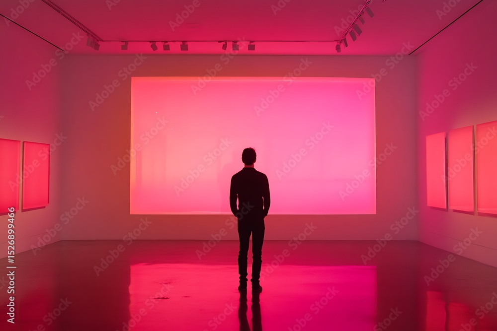 Poster man looking at a wall with a pink light in an empty room
