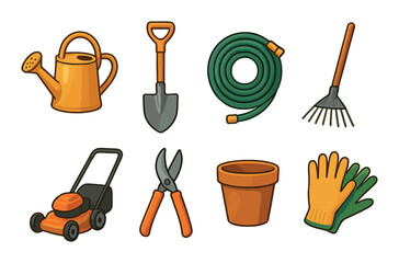 Gardening tools icons set &ndash; flat, horticulture and backyard equipment symbols