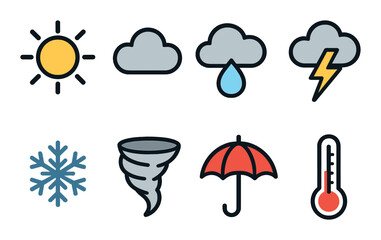 Weather and climate outline icons set – linear, temperature and forecast symbols