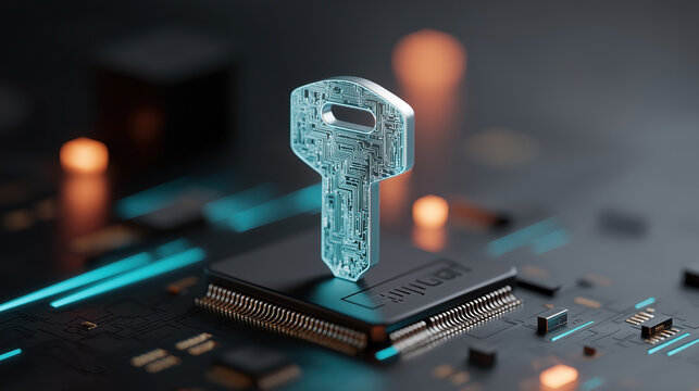 Digital key concept on circuit board representing cybersecurity and technology