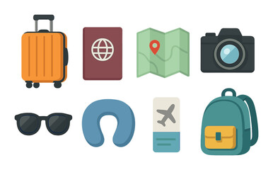 Travel essentials icons set – 3d style, vacation and adventure symbols for journeys