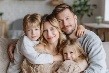 Obraz premium Happy caucasian family: parents and two children embracing on cozy sofa