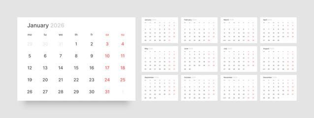 Monthly calendar layout for 2026 year. Diary planner for 2026 year. Week Starts on Monday. 