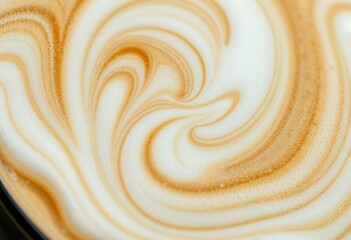 Close-up shot of swirling latte foam art with intricate surface elements, vibrant colors, and soft directional lighting.
