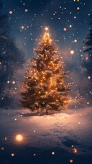 Snowy Night with Glowing Christmas Tree and Falling Snowflakes