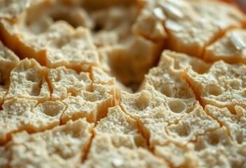 Close-up shot of a cracked artisan bread crust
