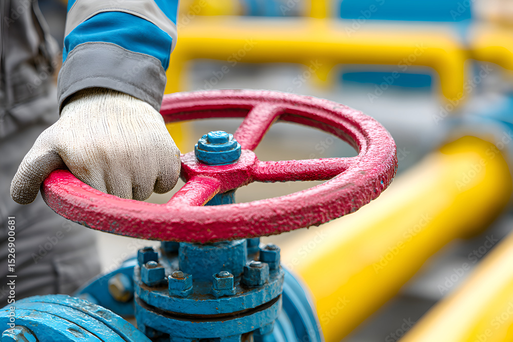 Poster gas worker operating valve on pipeline system