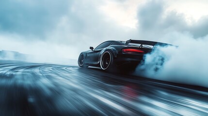 Racing car on the road in the fog. 3d rendering
