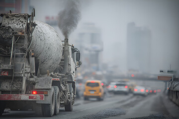 Cement mixer truck polluting the air in a congested city street