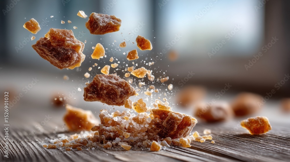 Poster brown sugar chunks and sugar crystals hover above a rustic wooden surface, creating a dynamic moment