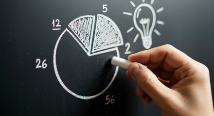 Hand Holding Chalk Sketching Pie Chart Diagram On Black Board With Idea Bulb Representation
