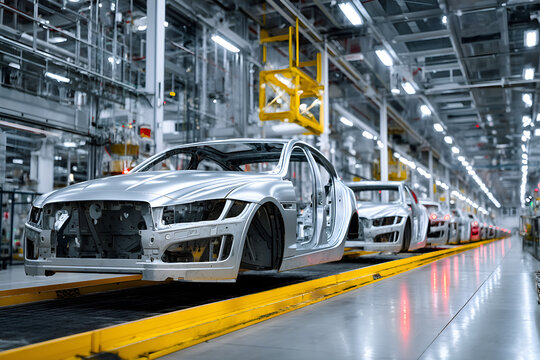 Car body moving along assembly line in modern car factory