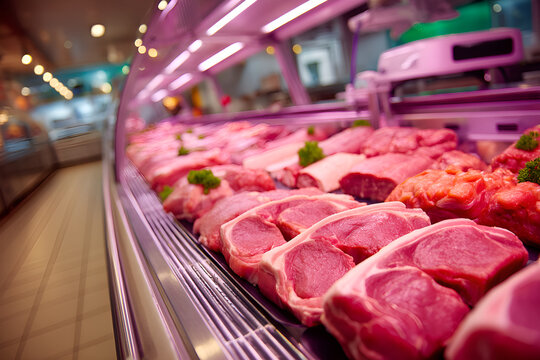Fresh meat displaying in refrigerated counter at butcher shop