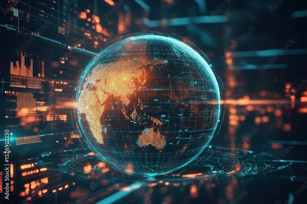 Poster spinning globe with digital data streams showcasing global connectivity and information processing, 
