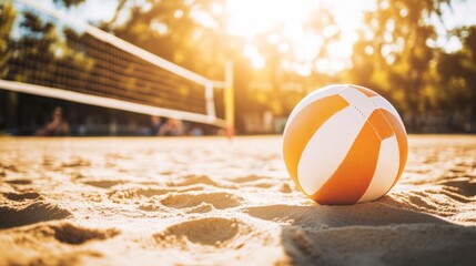 A volleyball with a focus on the panels and stitching, placed on a court with sand and boundary lines in the background, Outdoor setting with bright sun