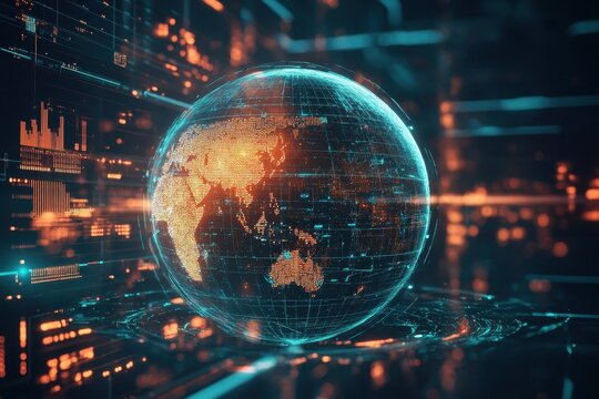 Spinning globe with digital data streams showcasing global connectivity and information processing, spinning globe and digital data processing over computer servers
