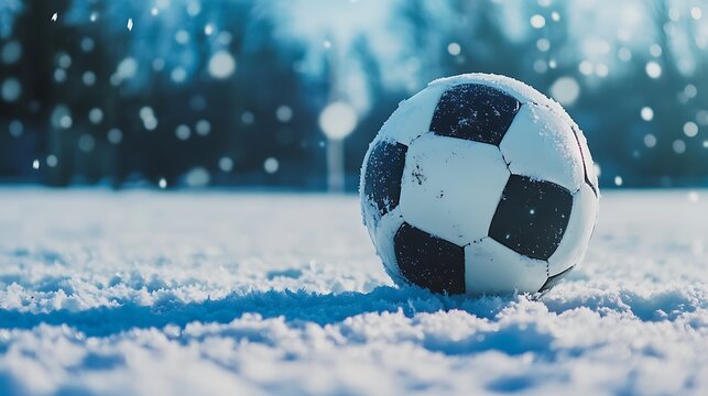Soccer player kicking the ball during a snowfall.