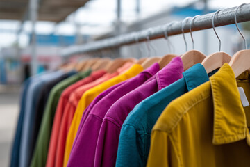Colorful shirts displayed on hangers at a local market