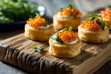 Delicious hors d'oeuvres served on rustic wooden platter