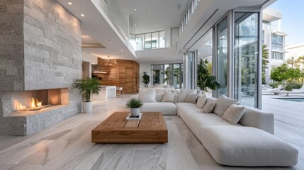 Naklejka premium This elegant living room showcases a spacious layout with large glass windows, a cozy fireplace, and minimalist decor, surrounded by lush greenery and outdoor views.