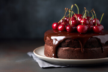 Chocolate cake with cherries in a chic setting