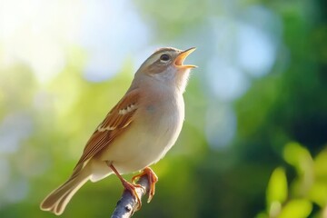 Fototapeta premium Common whitethroat singing on a branch in a lush green setting, Singing common whitethroat Curruca communis Close up A bird sits on a stick and sings