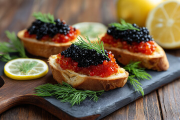 Delicious canapés topped with black and red caviar on wooden plate