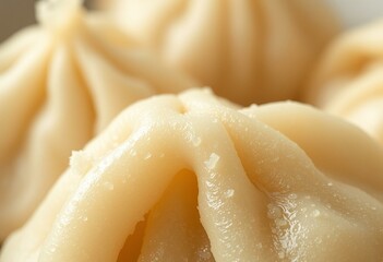 Close-up shot of steaming dumpling skin, emphasizing texture and moisture