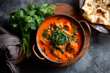 Delicious curry served with naan and fresh herbs on wooden platter