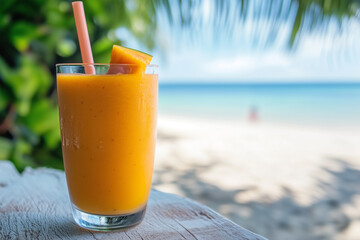 Refreshing mango smoothie enjoyed on a sunny beach day