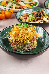 Shredded Crispy Potato Salad on Textured Plate