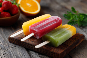 Colorful homemade popsicles on a wooden surface in bright light