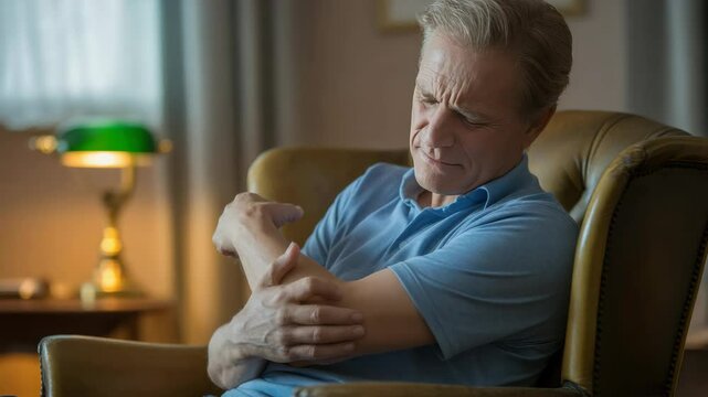 Man in distress holding elbow in domestic indoor setting emotional pain health issues
