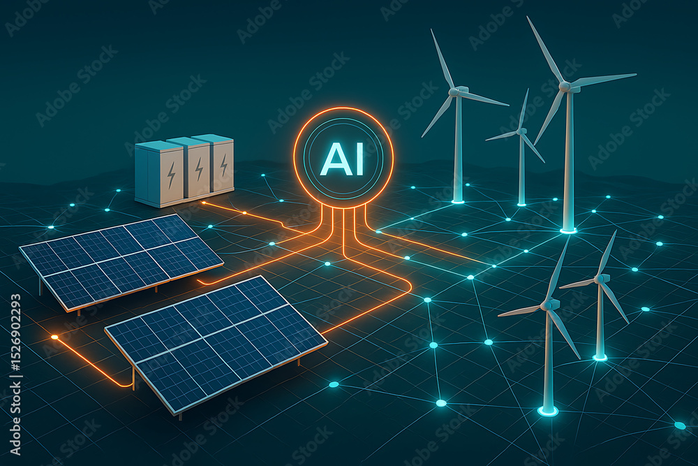 Poster smart grid innovation with ai artificial intelligence connecting renewable energy sources like solar