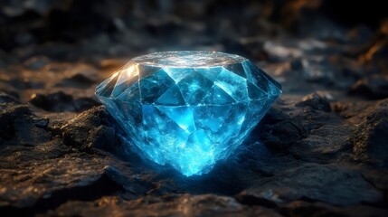 A mesmerizing glowing blue diamond rests on a rocky surface.