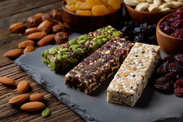 Healthy snack bars with nuts and dried fruits on wooden table